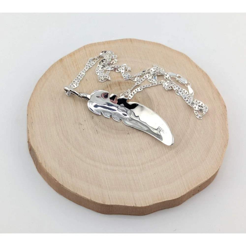 Handmade Navajo Sterling‎ Silver Feather Pendant Necklace NA Jewelry **